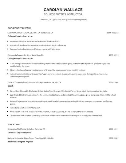 College Physics Instructor Resume