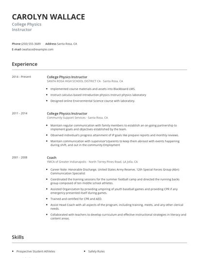 College Physics Instructor Resume