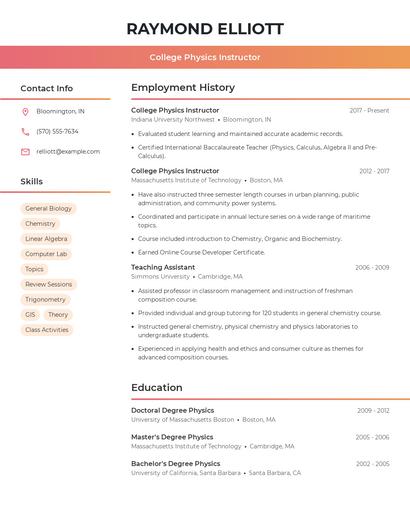 College Physics Instructor Resume