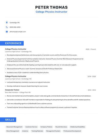 College Physics Instructor Resume