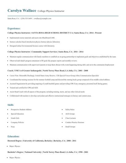 College Physics Instructor Resume