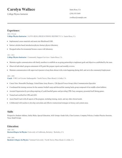 College Physics Instructor Resume