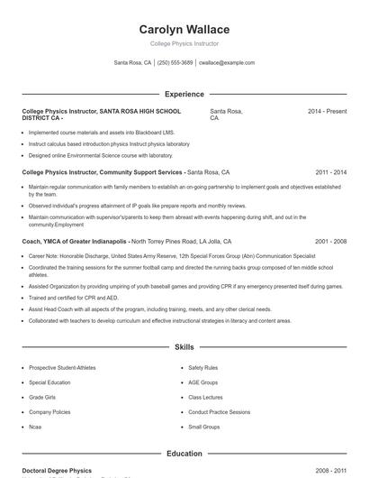 College Physics Instructor Resume