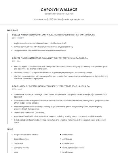 College Physics Instructor Resume