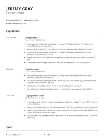 College Professor Resume