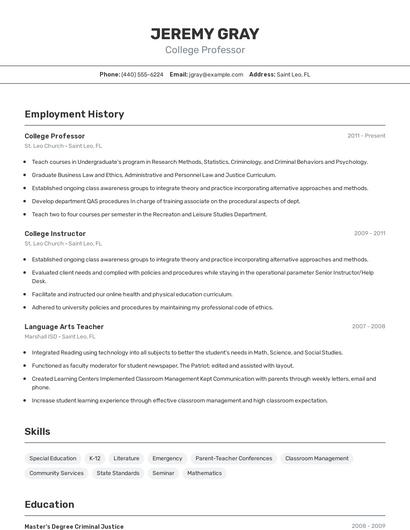 College Professor Resume