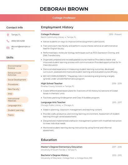 College Professor Resume