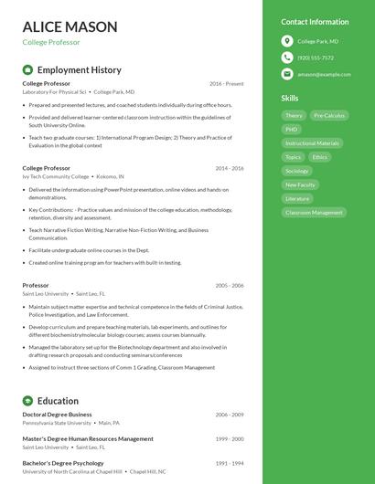 College Professor Resume
