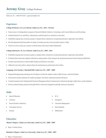 College Professor Resume