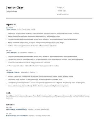 College Professor Resume