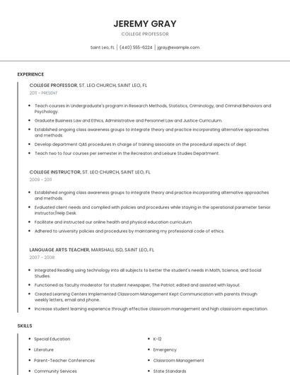 College Professor Resume