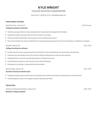 College Scouting Coordinator Resume