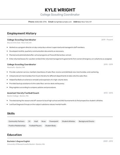 College Scouting Coordinator Resume