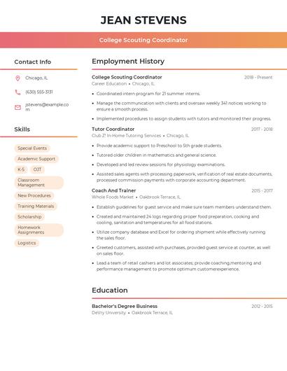 College Scouting Coordinator Resume