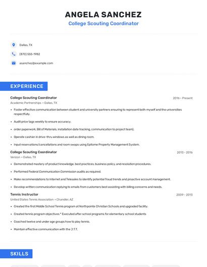 College Scouting Coordinator Resume