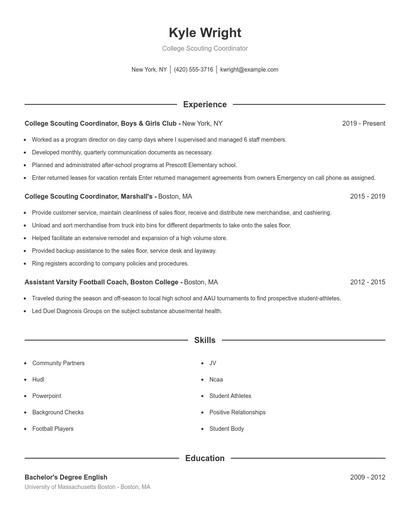College Scouting Coordinator Resume