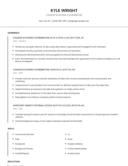 College Scouting Coordinator Resume
