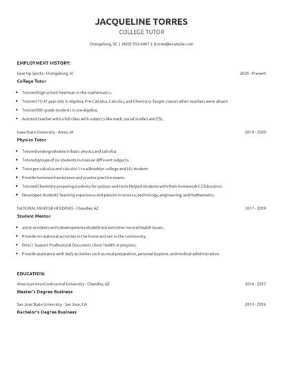 College Tutor Resume