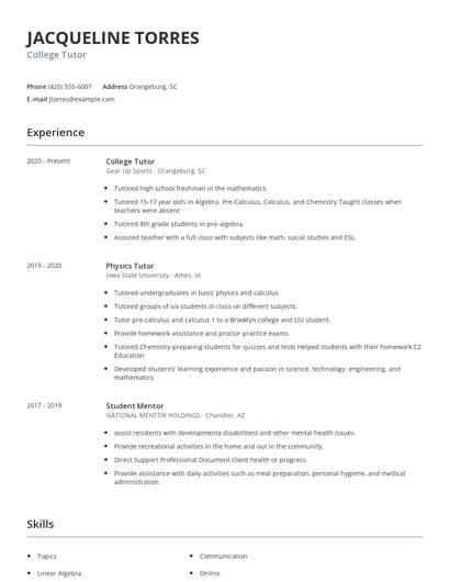 College Tutor Resume