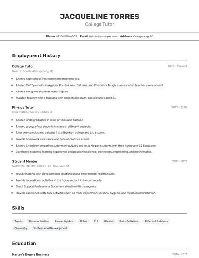College Tutor Resume
