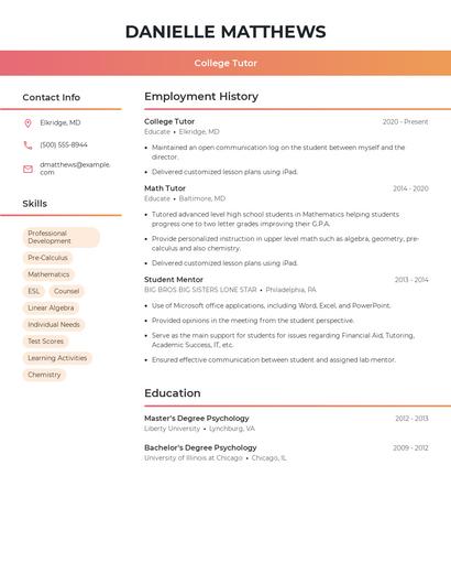 College Tutor Resume