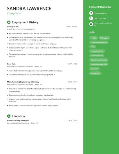 College Tutor Resume