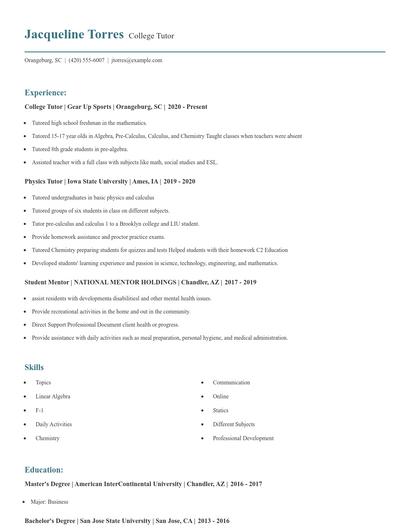 College Tutor Resume