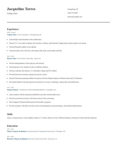 College Tutor Resume