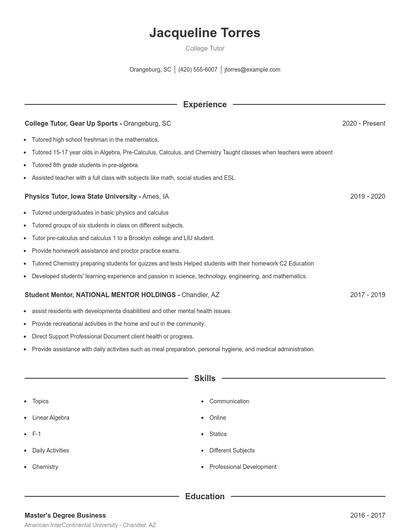 College Tutor Resume