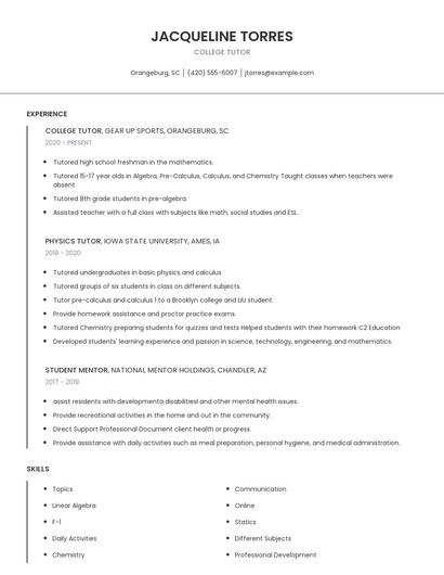 College Tutor Resume