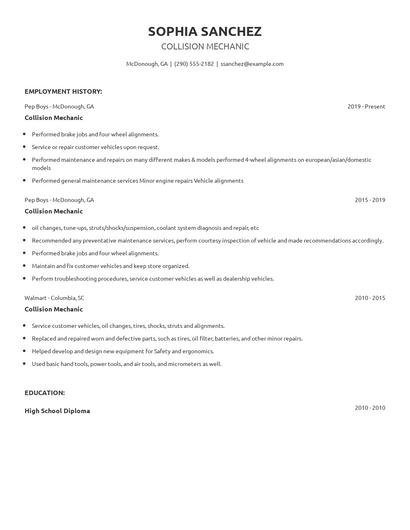 Collision Mechanic Resume