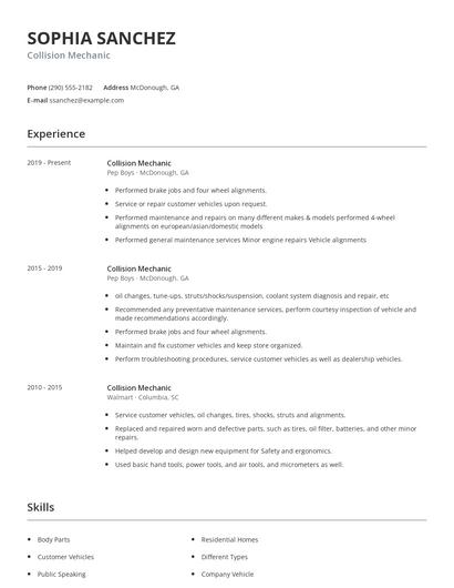 Collision Mechanic Resume