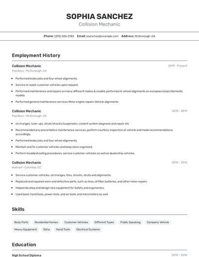 Collision Mechanic Resume