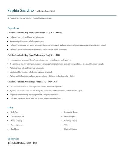 Collision Mechanic Resume
