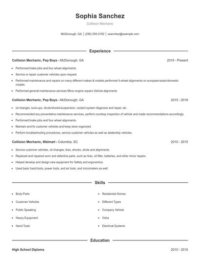 Collision Mechanic Resume