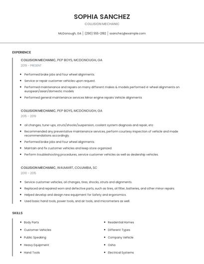 Collision Mechanic Resume