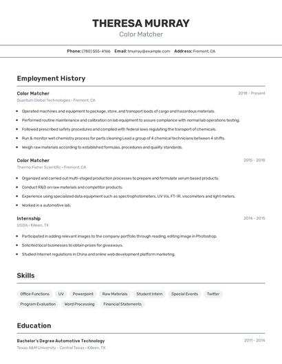 Color Matcher Resume