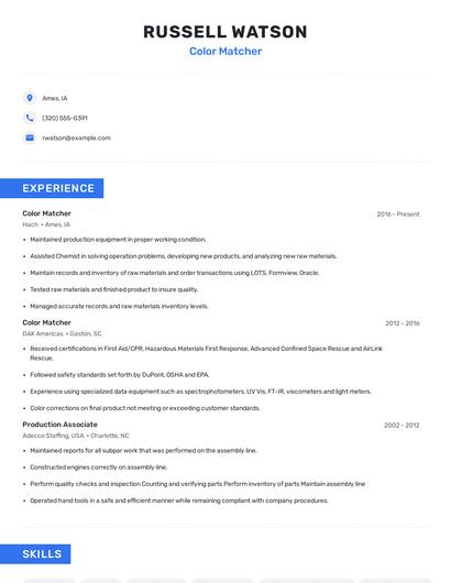 Color Matcher Resume