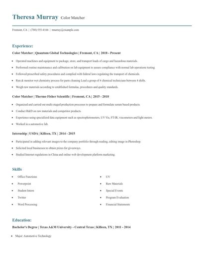 Color Matcher Resume