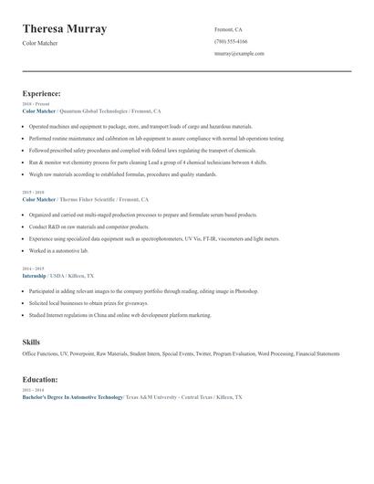 Color Matcher Resume