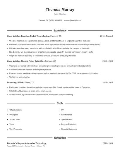 Color Matcher Resume
