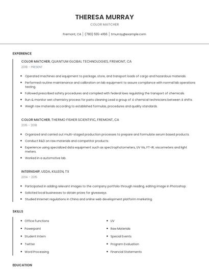Color Matcher Resume