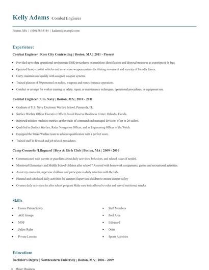 Combat Engineer Resume