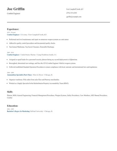 Combat Engineer Resume
