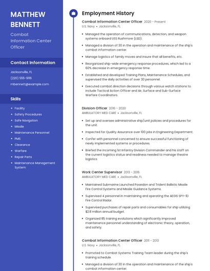 Combat Information Center Officer Resume