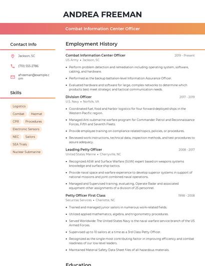 Combat Information Center Officer Resume