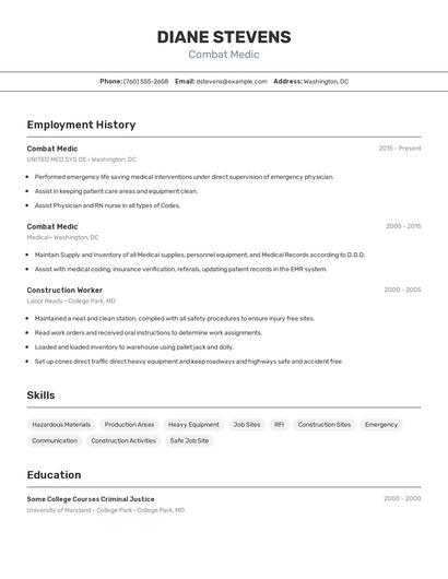 Combat Medic Resume
