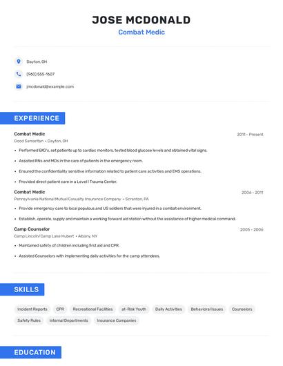 Combat Medic Resume