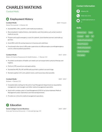Combat Medic Resume