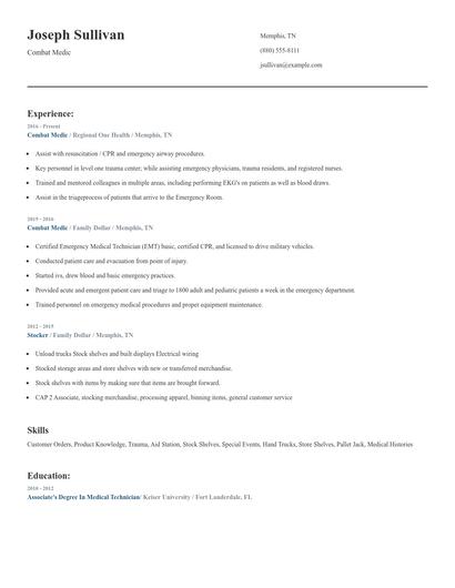 Combat Medic Resume
